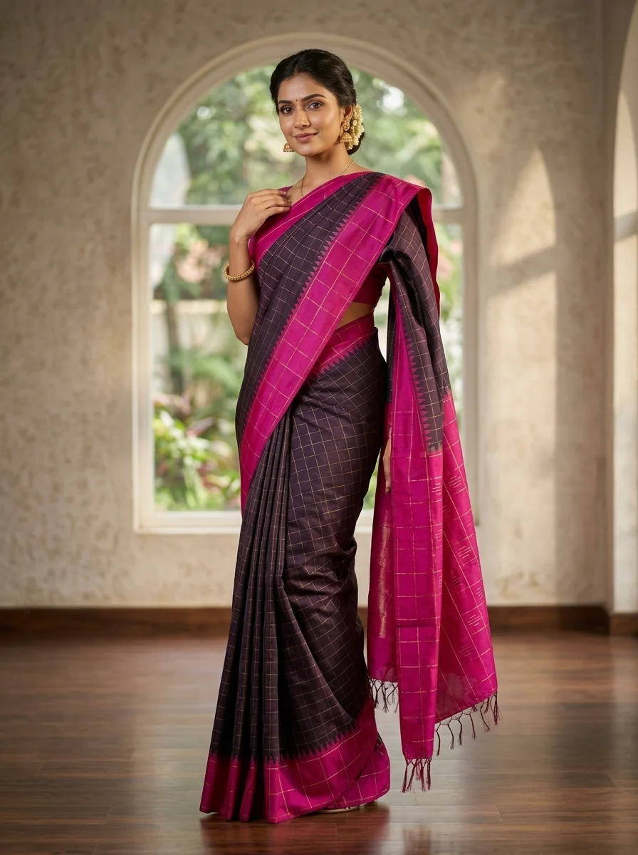 Mustard Yellow Checked Border Traditional Saree